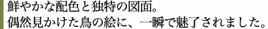 鮮やかな配色と独特の図面。偶然見かけた鳥の絵に、一瞬で魅了されました。