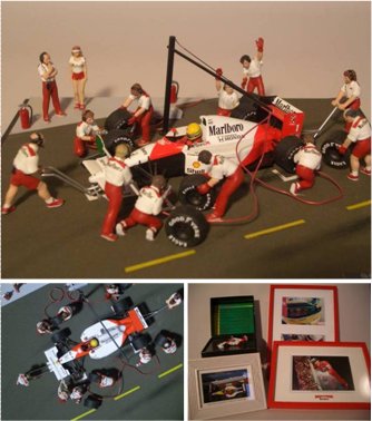 (上)(下左)1991年セナがドライブした「マクラーレンホンダMP4/6」のピットジオラマ(下右)音速の貴公子、故アイルトン・セナ関連コレクション1
