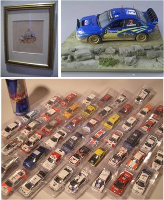(上左)銅版画家山本容子さんが描いた、世界初の自動車レース(上右)オフロードを疾走するスバル・インプレッサのジオラマ(下)1/64スケールのCM'Sラリーカーコレクション