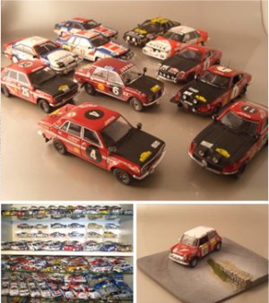(上)ブルーバード510と日産歴代のラリーカーたち(下左)ラリーカーのコレクション(下右)急コーナーを駆け抜けるミニクーパーのジオラマ