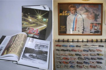 (左)ル・マン24時間レースの歴史(1923〜2000)を綴った洋書(右)映画「栄光のル・マン」のポスターと歴代のル・マンカーたち