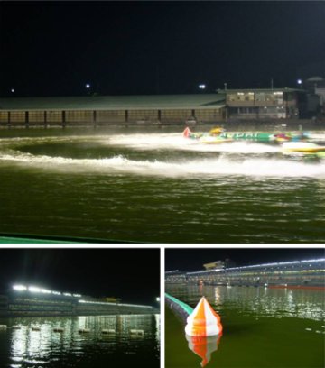ターンを決めると、水しぶきが白くあがる。ナイターレースは、昼間とはまた違う迫力があって楽しい。