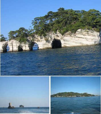 日本三景のひとつに数えられる松島は、太古の丘陵地帯。岩のトンネルは小型船でくぐることができます。